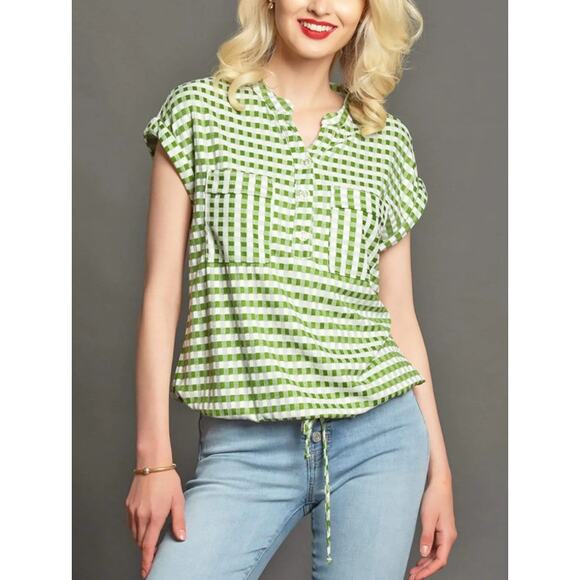 Eva Franco Nico Gingham Top Henley Neck Button Front Green White Womens S NWT - Picture 1 of 9